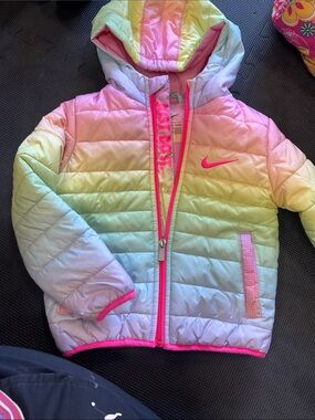 Nike Girls' Multicolor Pastel Rainbow Puffer Jacket with Pink Trim